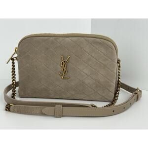 Saint Laurent Gaby Quilted Suede Zipped Pouch Beige with Gold Hardware